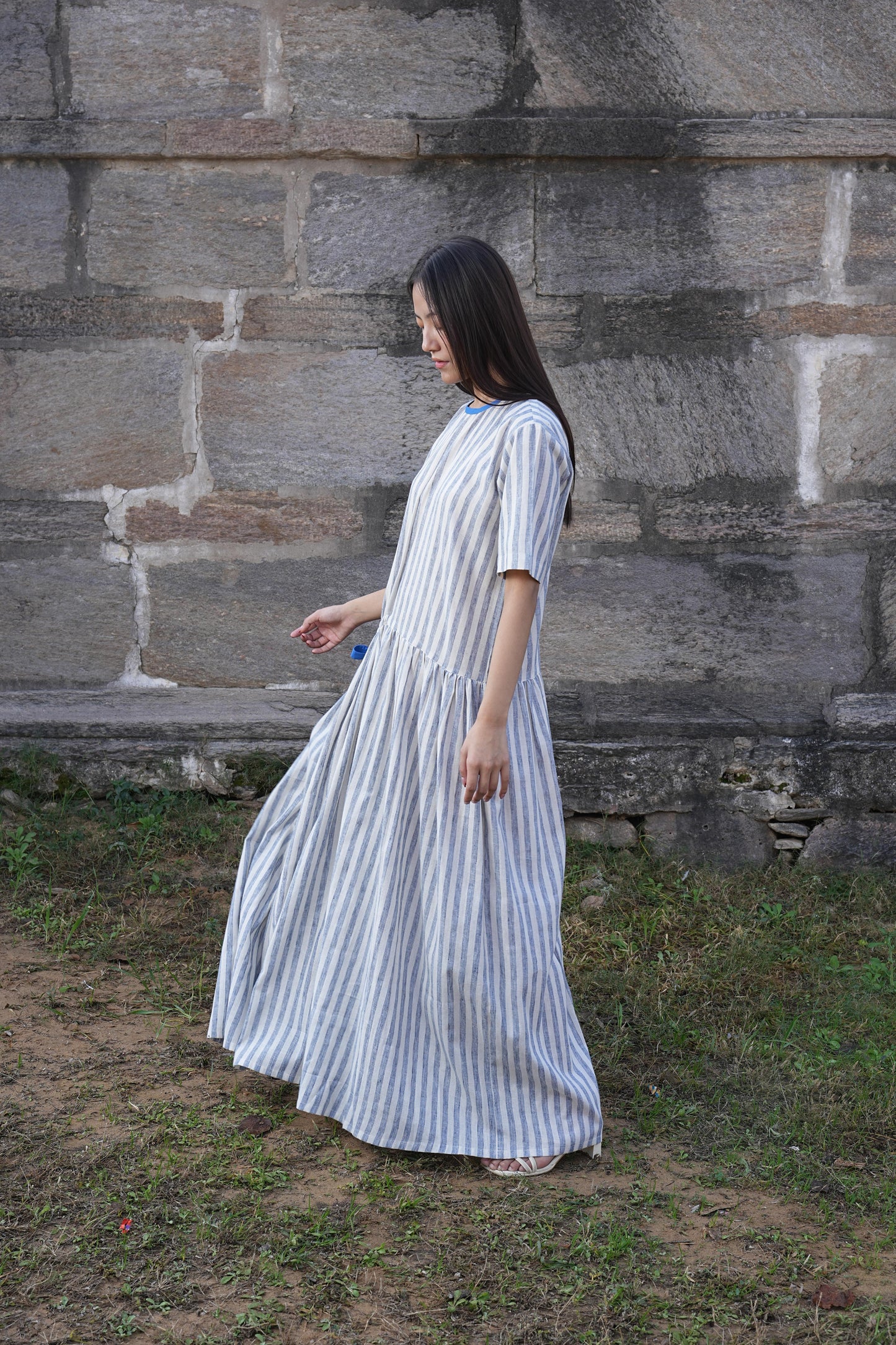 Sutra Stripe Dress with Button Back