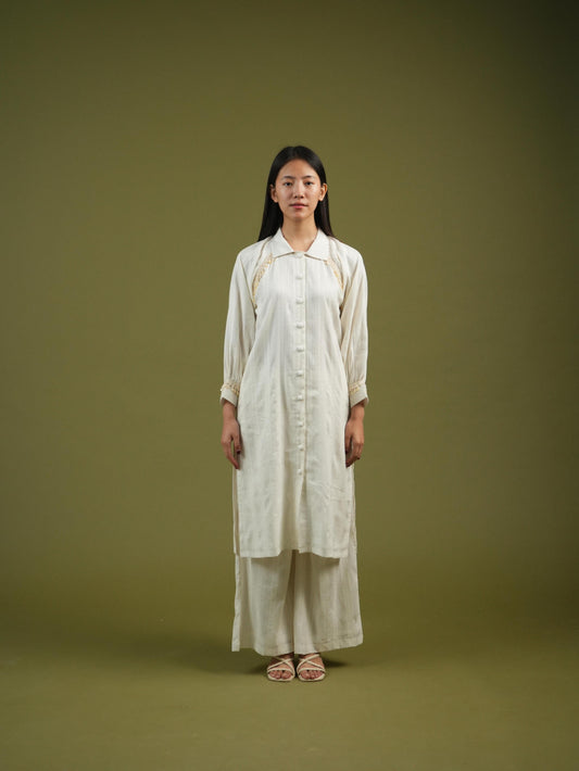 Vanshitaaz Ivory Longline Button-Down Shirt & Wide-Leg Pants Set