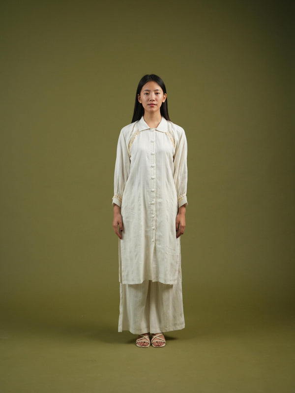 Vanshitaaz Ivory Longline Button-Down Shirt & Wide-Leg Pants Set