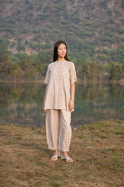 Full-length view of the checked cotton co-ord set